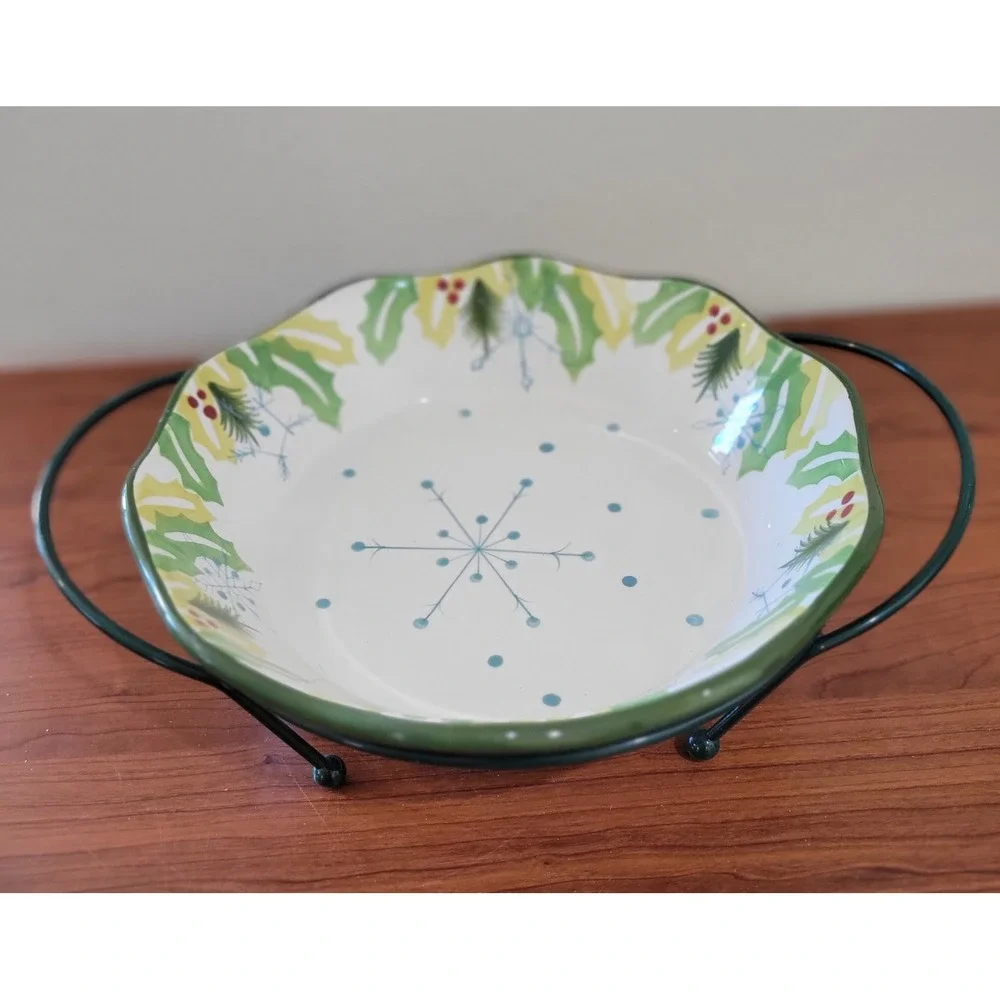 Temp-tations Hometown Christmas 9 Inch Pie Dish with Wire Rack Green Holly Berry